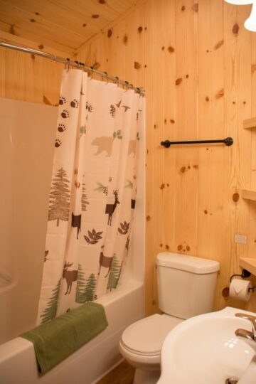 Rustic wood-paneled bathroom with wildlife shower curtain