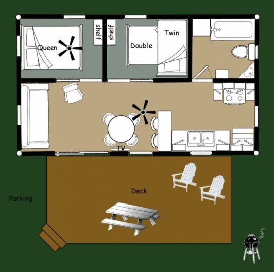 Small cabin floor plan with deck and parking