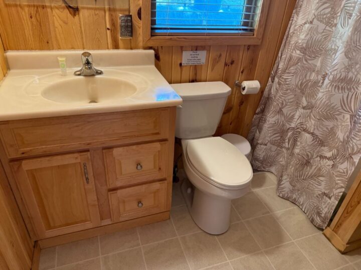 Small bathroom with wooden vanity and toilet