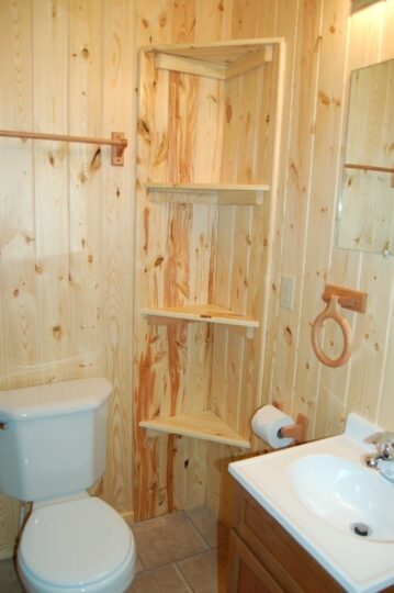 Small wood-paneled bathroom with corner shelves