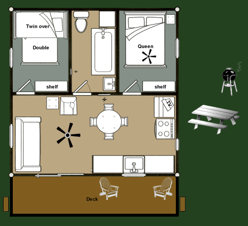 Small cabin floor plan with deck and picnic table