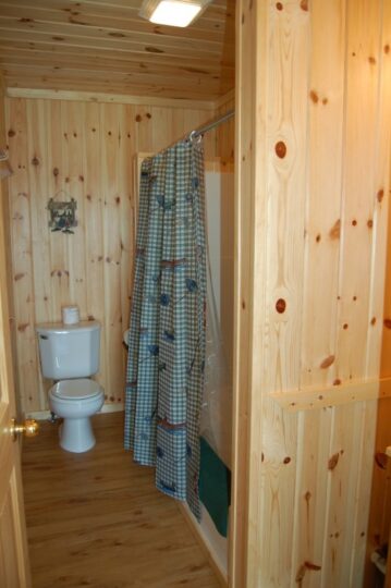 Small rustic bathroom with wood paneling and shower