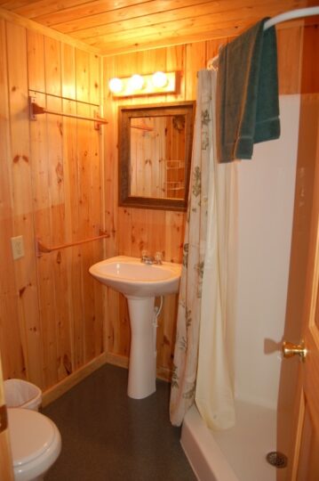 Small wood-paneled bathroom with pedestal sink and shower