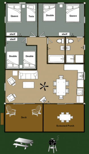Three-bedroom cabin floor plan with deck and porch