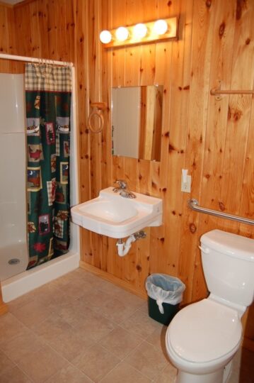 Rustic wood-paneled bathroom with shower and sink